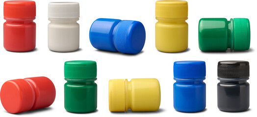 colorful poster color bottles isolated white background in different angles, mock-up template of artwork or craft projects, taken with shadows