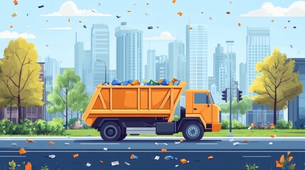 Garbage truck driving through city street littered with trash.