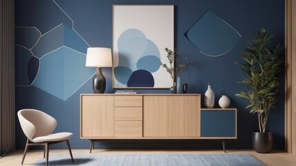 Modern, minimalist living room with blue accents