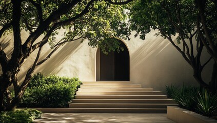 Sunlit Archway Entrance with Lush Garden.