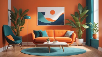 Modern living room with orange walls, teal accents, and a stylish sofa