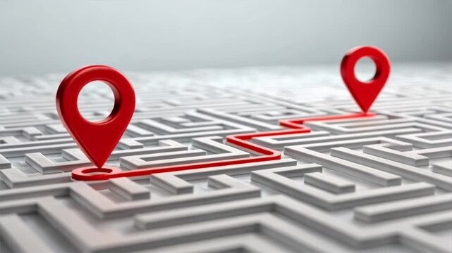 Red location pins on maze with red path line show travel route, search location, and smart map direction for solving navigation or delivery tasks