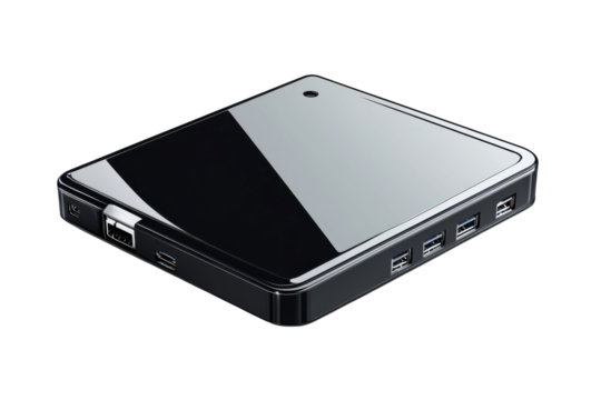 Sleek and modern Mini PC glowing with potential seamlessly blending into a digital lifestyle on transparent background