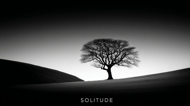 Solitary Tree on a Hill - A single tree stands alone on a gently sloping hill, symbolizing peace, isolation, resilience, contemplation, and nature's enduring spirit. Black and white