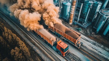 Heavy Truck Transporting Cargo with Smoke Emission in Industrial Zone