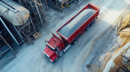 Bright Red Dump Truck Transporting Gravel in Industrial Setting