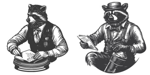 Vintage Engraving of Raccoon Characters Engrossed in Reading