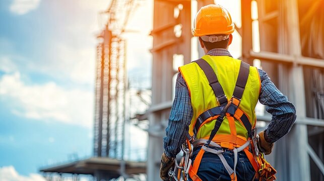 Construction Worker Overseeing Building Site with Safety Gear