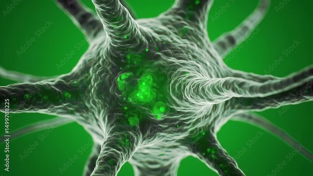 Poster animated neurons with glowing synapses on a green background depicting brain activity