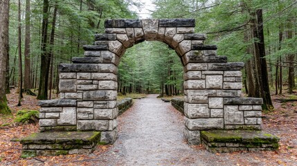 Obraz premium Stone Archway in Forest Path - Picturesque stone archway leads to a tranquil path through a lush forest. Serene nature scene