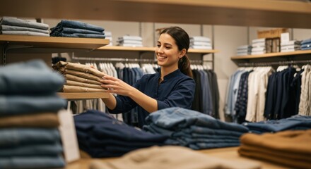 Smiling Cashier Folding Clothes in Clothing Store