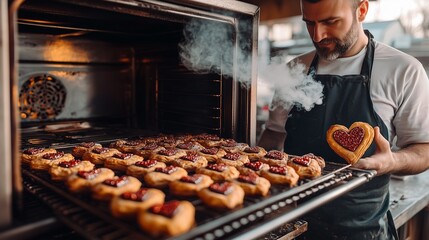 Baker with smoking oven baking Valentine's Day treats, right side filled with heart-shaped pastries