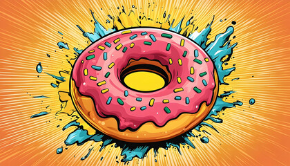 Cartoon donut with pink frosting and sprinkles on a burst background, stylized and vibrant illustration