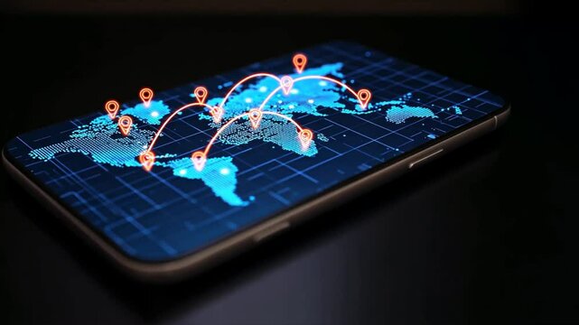 Mobile phone shows world map with multiple location pin icons, highlighting search location and navigation locator for global tracking