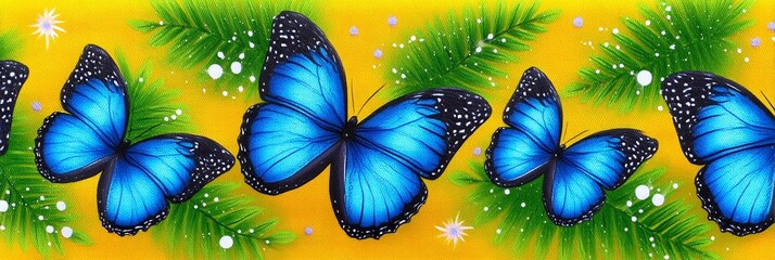Sunny Yellow Meadow Butterflies - Vibrant blue morpho butterflies flutter amidst sunny yellow cotton, symbolizing freedom, beauty, transformation, nature, and serenity
