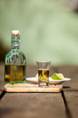 Enjoying tequila with lime wedges on a rustic wooden tabl