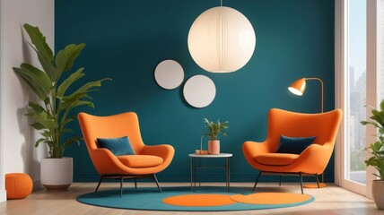 Teal and orange living room, modern design