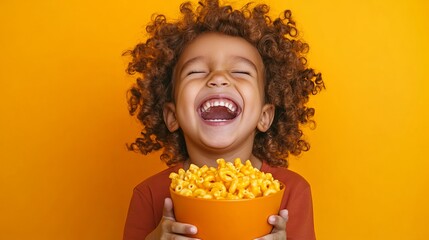Smiling child is holding a bowl full of macaroni and cheese against an orange background!