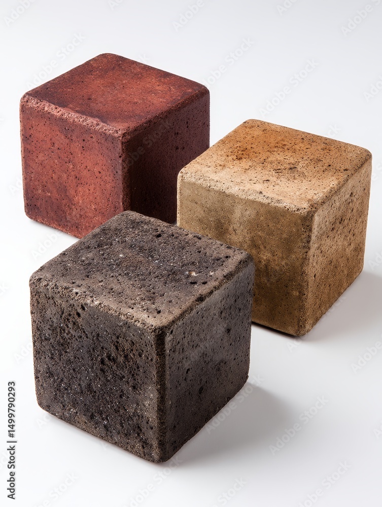 Poster three textured cubes in varying colors - three cubic blocks of different colors and textures sit on 
