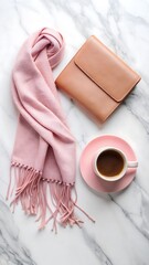 Pink Scarf and Clutch Flatlay with Coffee Mug on Marble