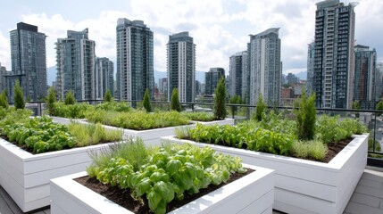 Obraz premium Urban Rooftop Garden with City Skyline - A vibrant rooftop garden thrives amidst a modern city backdrop, showcasing sustainable urban agriculture