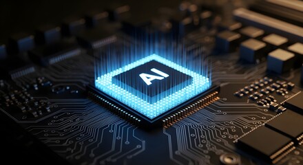 Close-Up of AI Processor Chip on Computer Motherboard with LED Lights