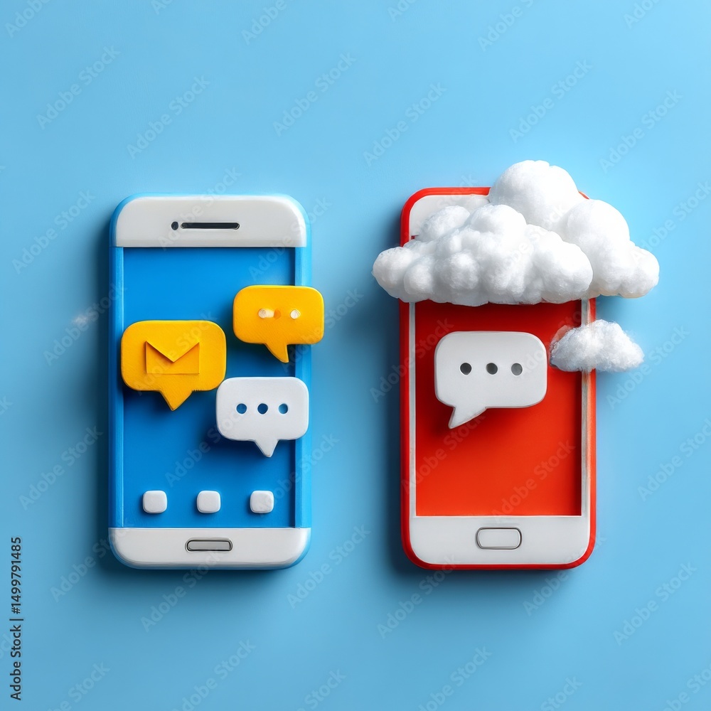 Poster conceptual mobile communication: cloud messaging and traditional mailbox icons on blue background