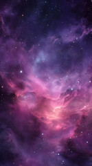 Obraz premium a dreamy cosmic nebula with swirling mist, glowing magenta and pink gas clouds, scattered stars across a deep indigo and purple universe
