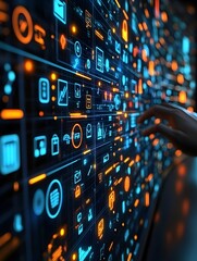 A hand interacts with a vibrant, digital interface teeming with glowing icons and data streams, representing advanced technology and connectivity