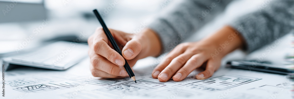 Poster website design sketches hand drawn wireframes - conceptualizing user interfaces, sketching website l
