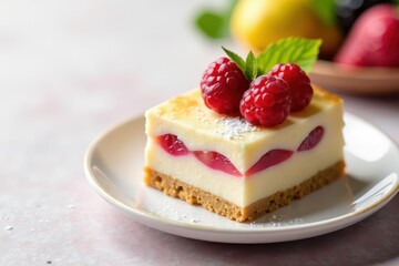 Elegant pastry, fruit garnish, white backdrop , food, confectionery, cake