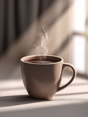 Warm Morning Beverage in Soft Light - A steaming cup of coffee sits on a table, bathed in soft sunlight. It symbolizes warmth, comfort, relaxation, a new beginning, and simple pleasures