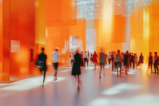 Blurry people walking through a brightly lit, orange-toned exhibition hall