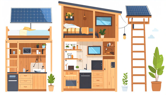 Exploded view of a compact, solar-powered, wooden tiny house showing its interior layout, including a loft bedroom, kitchen, bathroom, and solar panel array with ladder access