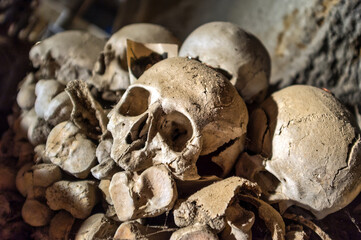 Ancient Human Skulls and Bones in Crypt or Ossuary