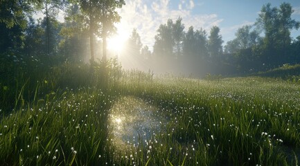 Sunny meadow, misty forest