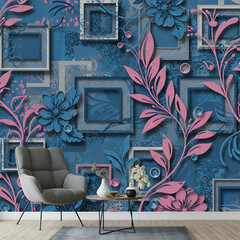 Interior with gray chair, small table, and floral wallpaper featuring blue and pink elements