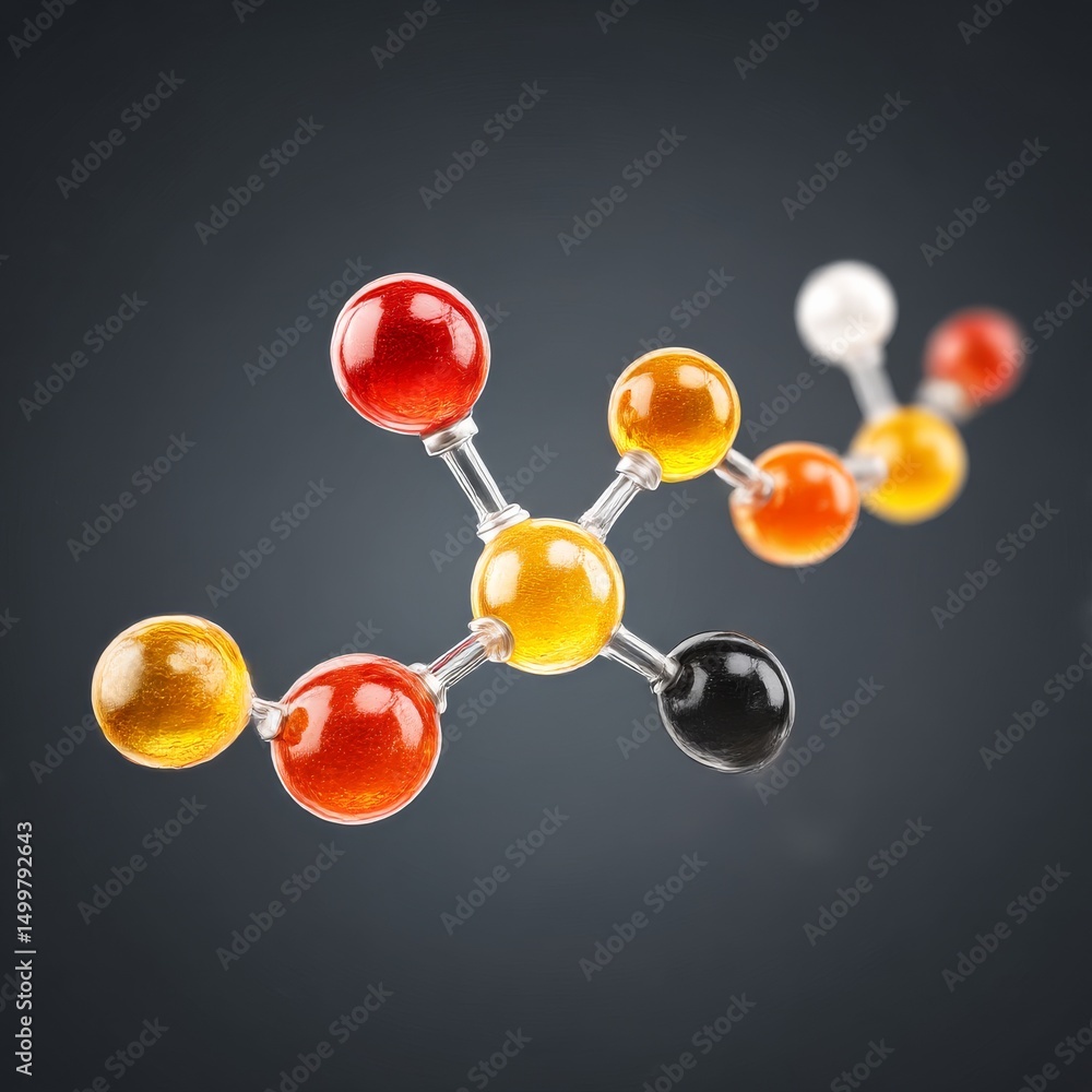 Poster Molecular Structure Visualization:  Close-up of Colorful Molecule Models on Grey Background, Science and Innovation.