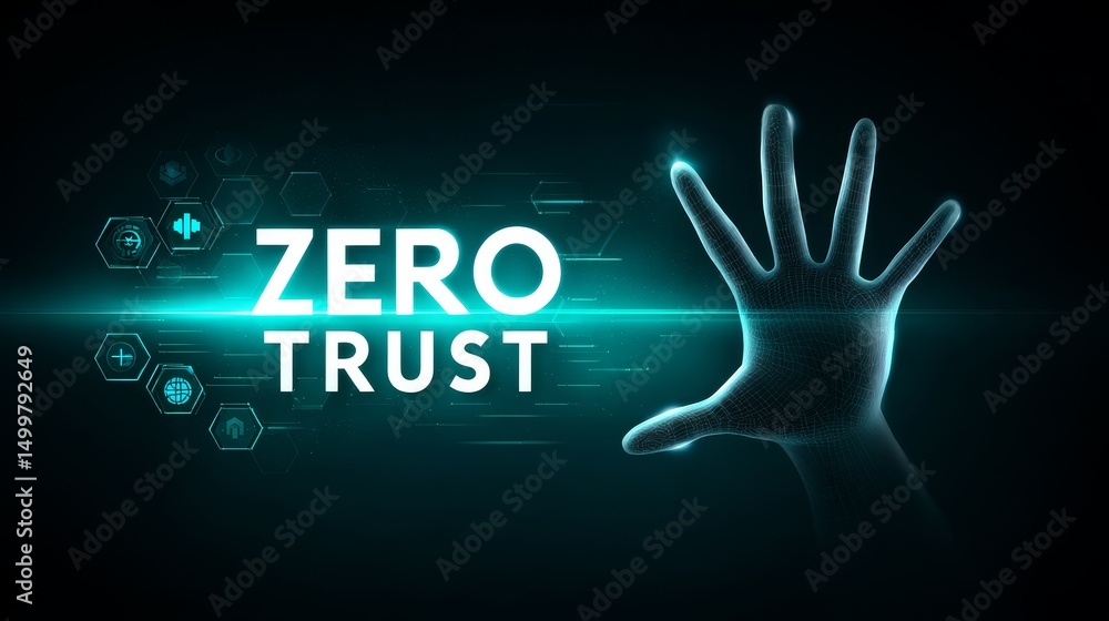 Poster zero trust security concept - abstract of a hand reaching towards a glowing 