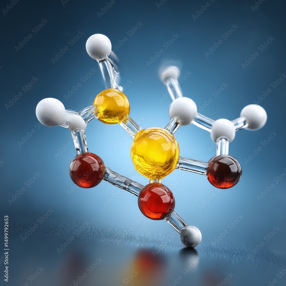 Poster molecular structure with spheres and clear connectors on a blue background, science visual.