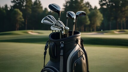 Full Golf Bag with Assorted Clubs &ndash; Realistic Black and Gray Sports Equipment Isolated on White Background