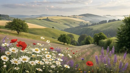 A vibrant meadow filled with wildflowers overlooking rolling hills on a sunny day landscape view