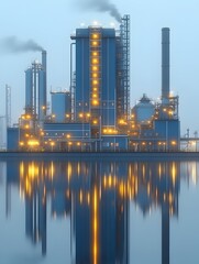 Obraz premium A large industrial complex illuminated at twilight, reflecting on calm water