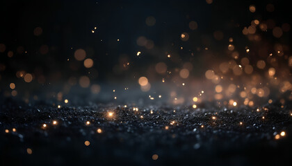 Obraz premium Golden bokeh lights on black background for abstract, elegant, and festive designs with radiant, decorative flair.