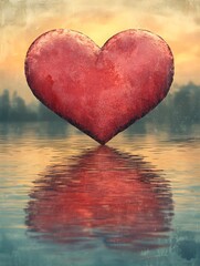 Fototapeta premium A large, textured red heart floats serenely above calm water, reflecting its image, set against a hazy sunset landscape