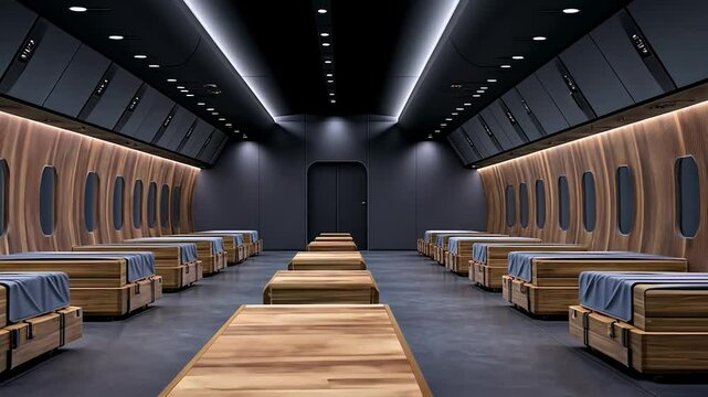 Futuristic Airplane Cabin Design: Rows of Wooden Beds