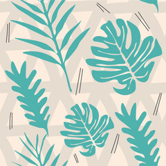 Seamless Blue-Green Tropical Leaves Pattern on Neutral Geometric Background