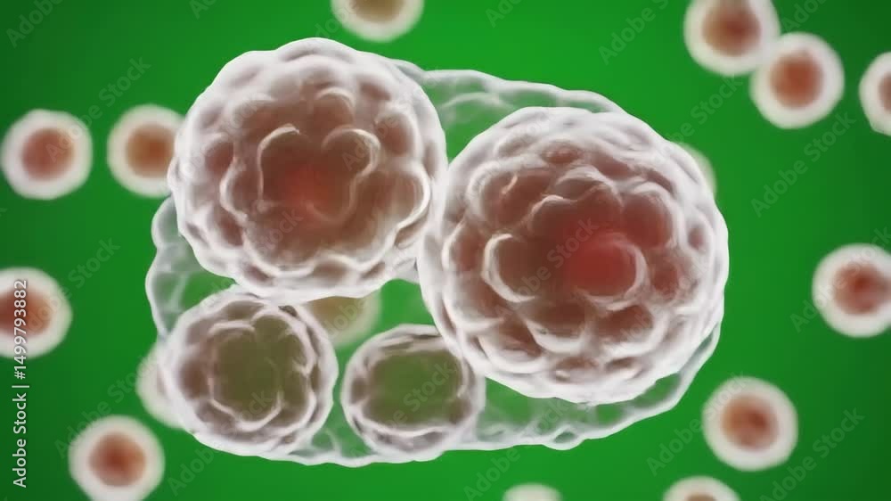 Poster close-up visualization of cells dividing and multiplying under a microscope