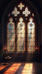 Fototapeta premium Soft, ethereal light streams through stained glass, illuminating a peaceful, sacred space Perfect for concepts of serenity, faith, and inner peace , hope, ethereal