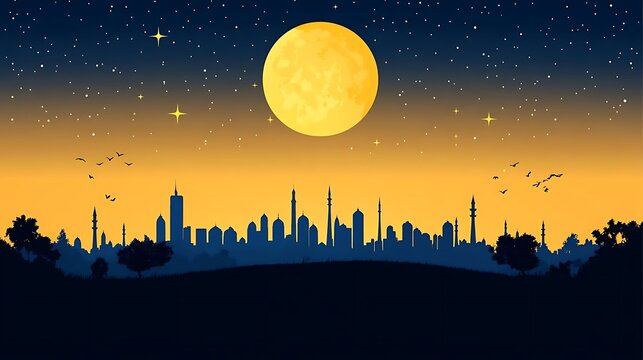 Night city skyline, full moon, stars